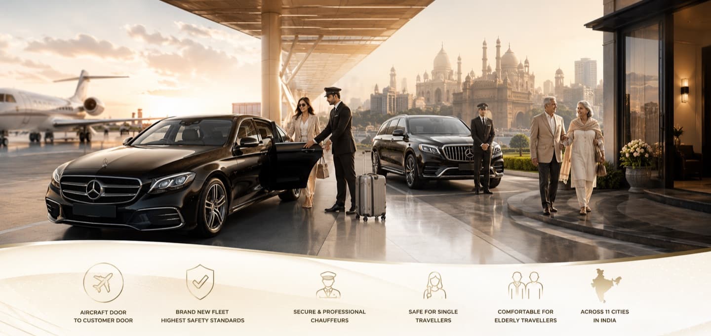 A chauffeur-driven Mercedes at an Indian airport