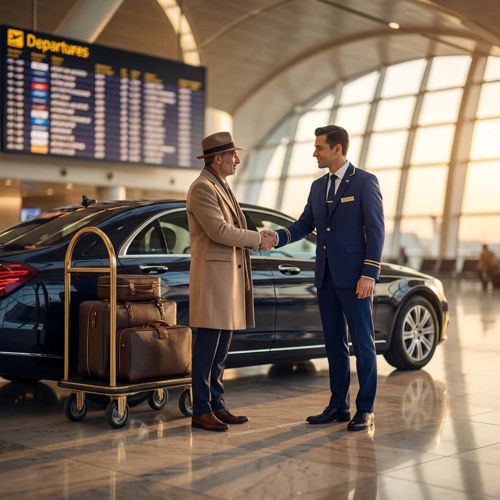 Elite World Services — dedicated concierge greeting a distinguished guest at the airport, with a luxury sedan and gold luggage trolley