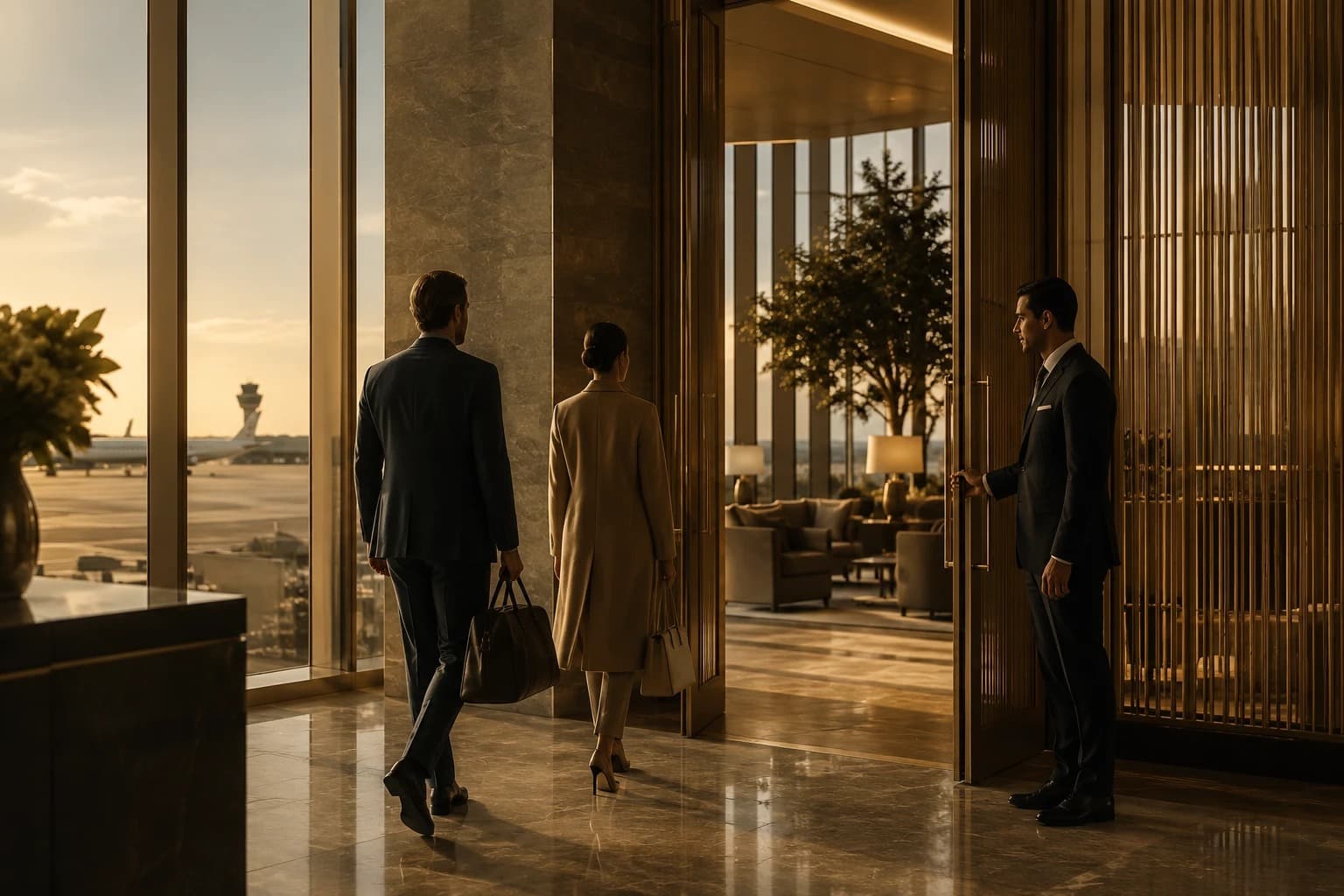 Elite World Services — VIP concierge escort at a luxury airport lounge