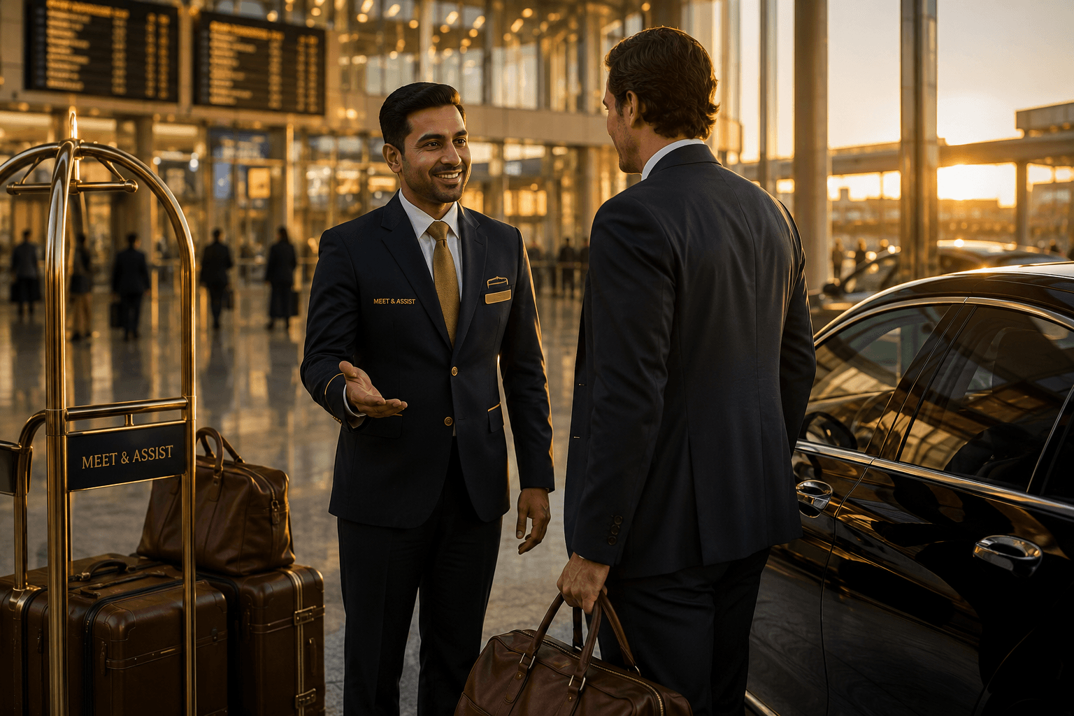 Elite World Services — Meet & Assist concierge in navy and gold uniform greeting an executive at airport kerbside with luxury luggage trolley at golden hour